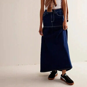 New Free People We The Free Jordan Maxi Skirt Denim Stretch Dark Wash Size 2